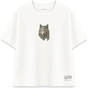 Etnik Desenli Bozkurt Portre Beyaz Oversize Tişört