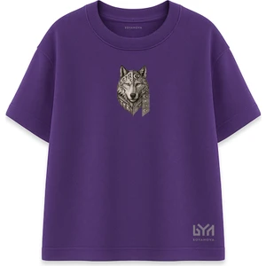 Etnik Desenli Bozkurt Portre Mor Oversize Tişört