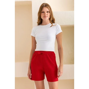 Kadın Fitilli Kaşkorse Süs Kuşaklı Şort Pijama Altı Kırmızı - 6131