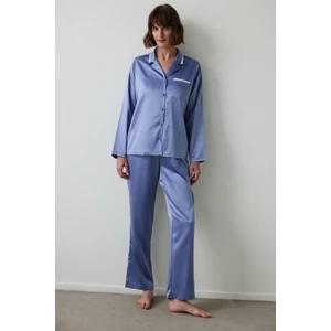 Indigo Hailee Saten Gömlek Yaka Uzun Kol Pijama Takımı
