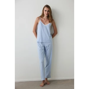 Açık Mavi Mia Puantiyeli Dantelli V Yaka Pamuklu Pijama Takımı