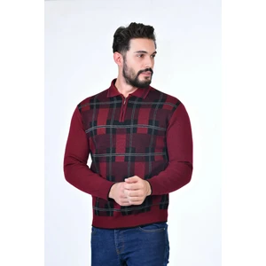 Erkek Çelik Örgü Ekose Desenli Gömlek Yaka Fermuarlı Polo Yakalı Tüylenmez Triko Kışlık Baba Kazak