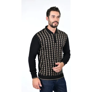 Erkek Çelik Örgü Gömlek Yaka Fermuarlı Polo Yakalı Dikine Zikzak Çizgi Tüylenmez Triko Kışlık Kazak