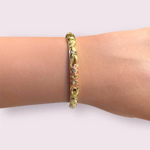 Pembe Çiçekli Sarı Yapraklı Mineli Kelepçe Bileklik