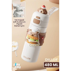 Dıller 480 ml Tek Kapak Çift Kullanım Pipetli/pipetsiz Taşıma El Askılı Vacum Cup/çelik Termos -FFD9351-480