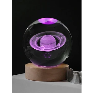 3D Satürn Kristal Küre Lamba – USB Li LED Işıklı Ahşap Standlı Dekoratif Masa Lambası Rgb LED
