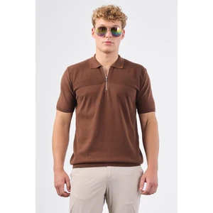 Kahve Fermuarlı Polo Yaka Kısa Kollu Örgü Slim Fit Erkek Triko