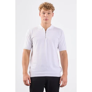 Beyaz Fermuarlı Polo Yaka Kısa Kollu Örgü Slim Fit Erkek Triko