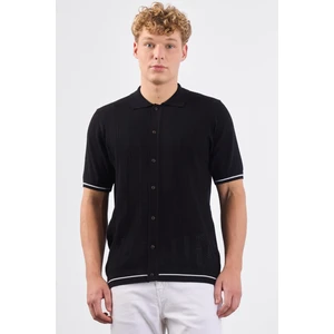 Siyah Polo Düğmeli  Fitilli Kısa Kollu Slim Fit Erkek Triko