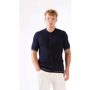 Lacivert  Polo Düğmeli  Fitilli Kısa Kollu Slim Fit Erkek Triko