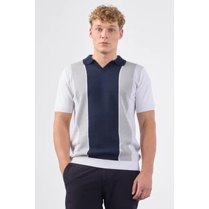 Lacivert Polo V Yaka Blok Desen Kısa Kollu Slim Fit  Erkek Triko