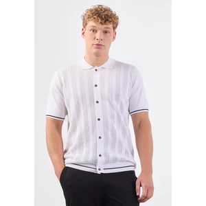 Beyaz Polo Düğmeli  Fitilli Kısa Kollu Slim Fit Erkek Triko