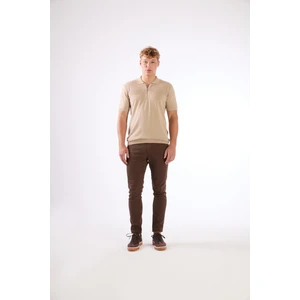 Bej Fermuarlı Polo Yaka Kısa Kollu Örgü Slim Fit Erkek Triko