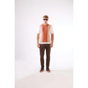 Kiremit Polo V Yaka Blok Desen Kısa Kollu Slim Fit  Erkek Triko