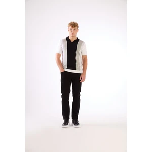 Siyah Polo V Yaka Blok Desen Kısa Kollu Slim Fit  Erkek Triko