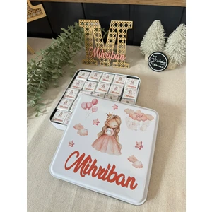 Isimli Yeni Doğan Bebek Mevlid Hediyelik Çikolata-Metal Kutu-Prensesli Kız Konsept- Toplam 50 Adet