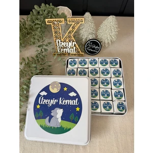 Isimli Yeni Doğan Bebek Mevlid Hediyelik Çikolata-Metal Kutu-Ulu Göktürk Kurtlu Toplam 50 Adet