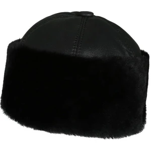 Siyah %100 Hakiki Deri Kısa Peluş Kalpak Şapka L Beden (60 Cm)