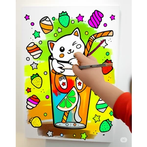 Dudu Gift 25X35 Resimli Tuval Çocuk Boyama Seti- Bardak Kedi-6 Renk Akrilik Boya ve 2 Fırça Adet Fırça