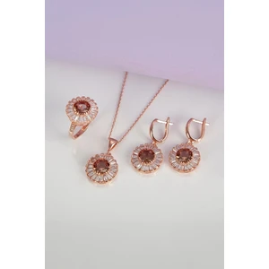 Rose Renk Zultanit Ve Baget Zirkon Taşlı 925 Ayar Gümüş Bayan Takı Seti