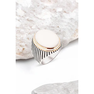 Gümüş Beyaz Onix Taşlı Yanları Mine Süslemeli Çizgili Kasa Erkek Yüzük