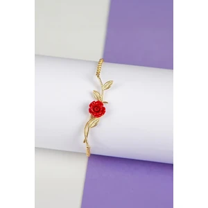 Altın Kaplama 925 Ayar Gümüş Bayan Kırmızı Gül Bileklik
