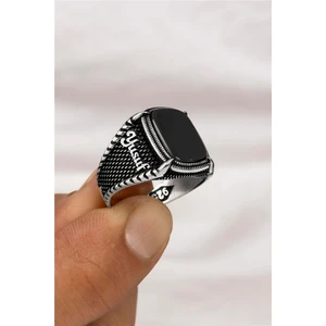 Oniks Taşlı Çift Tarafı İsimli Pençe Motifli Gümüş Erkek Yüzük