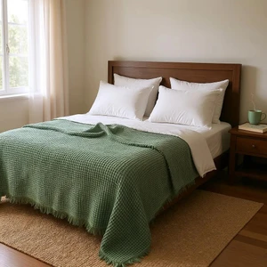 HB&Victory Waffle  %100 Pamuk Premium Yatak Örtüsü Haki Renk Çift Kişilik 230X250 cm