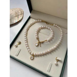 Sertifikalı Doğal Beyaz Inci Kolye Bileklik Küpe Set - Çelik Aparat - Oval Charm