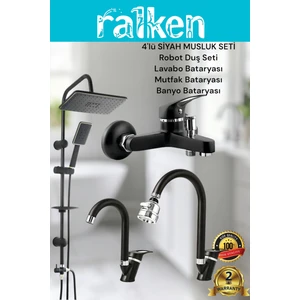 Lüx Siyah 4’lü Banyo Seti Siyah Robot Tepe Duş, Banyo, Lavabo, Eviye Mutfak Bataryası Musluğu Başlık