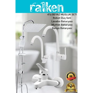 Lüx Beyaz 4’lü Banyo Seti Krom Robot Tepe Duş, Banyo, Lavabo, Eviye Mutfak Bataryası Musluğu