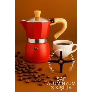 Italyan Moka Pot - 6061 Saf Alüminyum  Ahşap Saplı - 3 Kişilik Kırmızı 722062