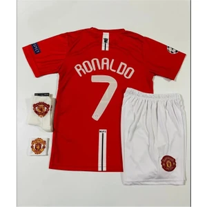 Cristiano Ronaldo Manchester Unıted 2008 Moscow Finali Kırmızı Beyaz Çocuk Forması 4 Parça Forma+Şort+Çorap+Biliklik