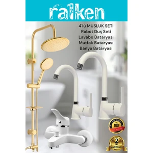 Lüx Kalın Gövde 4’lü Banyo Musluk Seti Altın Robot Tepe Duş, Banyo, Lavabo, Eviye Mutfak Bataryası