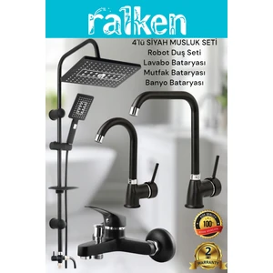 Lüx Siyah 4’lü Banyo Musluk Seti Robot Tepe Duş, Banyo, Lavabo, Eviye Mutfak Bataryası Musluğu