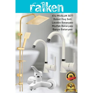 Lüx Kalın Gövde 4’lü Banyo Musluk Seti Altın Robot Tepe Duş, Banyo, Lavabo, Eviye Mutfak Bataryası