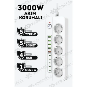 Pro P13 3000W Akım Korumalı 5 Girişli Type-C ve USB Girişli Uzatmalı Grup Priz