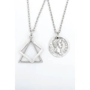 2'li Sezar Sikke -Üçgen Kare Geometrik Gümüş Kaplama Kolye Seti