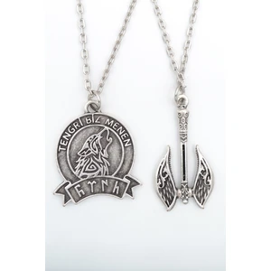 2'li Tengri Biz Menen - Bozkurt - Türk -Çift Taraflı Balta  Gümüş Kaplama Kolye Seti