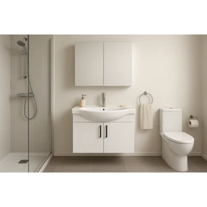 DMZ Home Concept Nova 80 cm %100 Mdf Beyaz Renkli, Oval Seramik Lavabolu, Banyo Dolabı Takımı – Aynalı Üst Modül, Yavaş Kapanır Menteşe