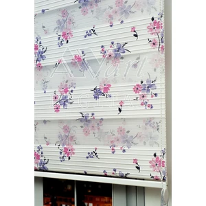 Pembe Mavi Çiçek Baskılı Plise Zebra Perde - Dijital Baskılı Zebra Stor Perde