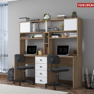 HA130 Iki Kişilik Raflı 2 Kapaklı 4 Çekmeceli Çalışma Ofis Bilgisayar Masası Sepet Ceviz - Beyaz