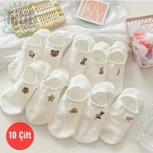 Hitit Socks Kadın 10 Çift Premium Çiçek ve Hayvan Desenli Görünmez Babet Çorap Şeker Beyazı