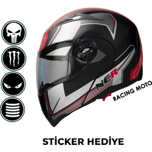 Çene Açılır Kask  Kırmızı   (Ece Belgeli) Sticker Hediyeli