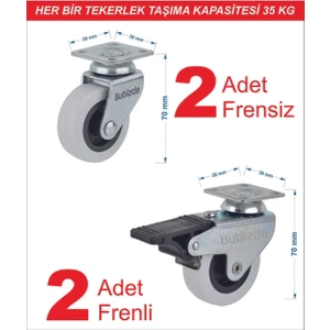 Döner Tablalı 50'lik Masa Dolap Sehpa Raf Mobilya Tekeri 2 Adet Frenli - 2 Adet Frensiz 4lü Set