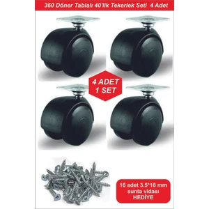 Tablalı Siyah Oynar Vidalı Mobilya Tekerleği 40 mm | Dolap, Sehpa, Masa Ayağı Tekeri 4’lü Set