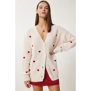 Kalp Dokulu Uzun Triko Hırka LKG0009 Krem