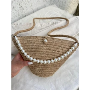 Ende Bag Kadın Incili Tasarım Jüt Kumaş Omuz Çantası