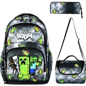 Minecraft 2 Desenli Üçlü Çocuk Ilkokul Okul Çantası Seti (Çanta Termal Beslenme Çantası Kalemlik)