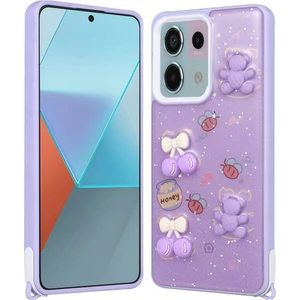 Xiaomi Redmi Note 13 Pro 5g Kılıf Parlayan Sıvılı Simli Kabartma Figürlü Zıvo Cevze Kapak-Mor Ayı